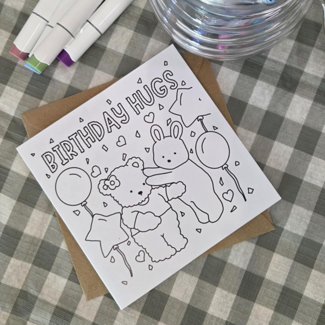 BIRTHDAY HUGS COLOURING CARD